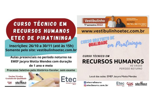 INSCRIÇÕES ABERTAS - CURSO TÉCNICO EM RECURSOS HUMANOS - ETEC PIRATININGA