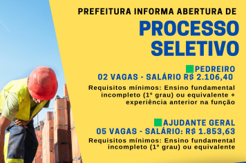 ABERTO PROCESSO SELETIVO PARA PEDREIRO E AJUDANTE GERAL