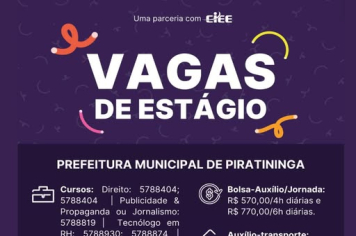 PREFEITURA DE PIRATININGA ABRE VAGAS DE ESTÁGIO EM PARCERIA COM O CIEE